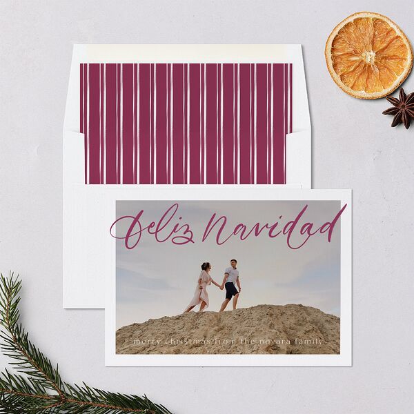 Scripted Feliz Navidad Holiday Cards Raspberry Signature Blank Standard Landscape