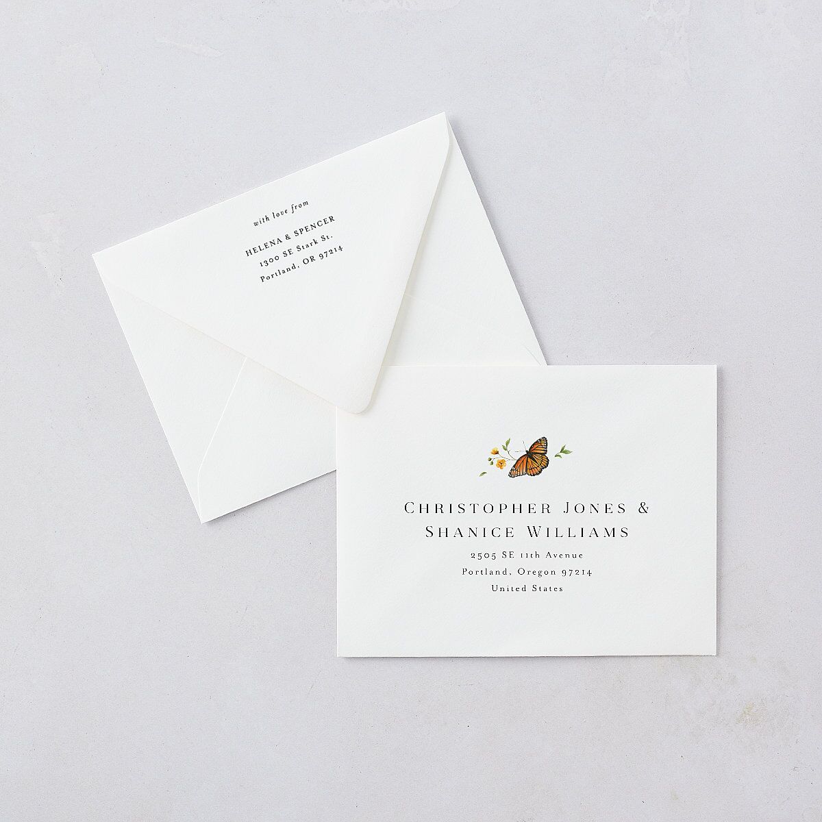 Rustic Butterfly Garden Save the Date Petite Card Euro Envelopes White Pure White Both Recipient and Return Addresses Luxe Signature