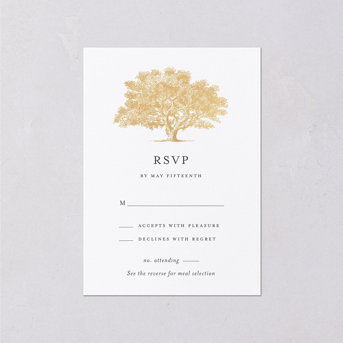 Southern Oak Tree Foil Wedding Response Cards Gold Pure White Signature Standard