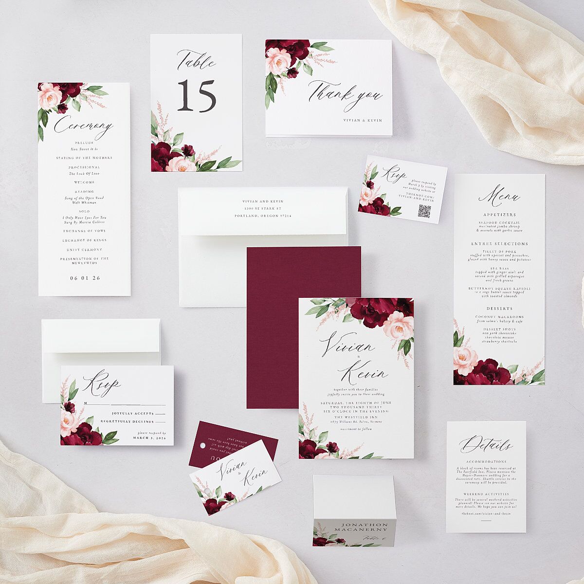 Beloved Floral QR Code RSVP Cards Dark Berry Signature Standard