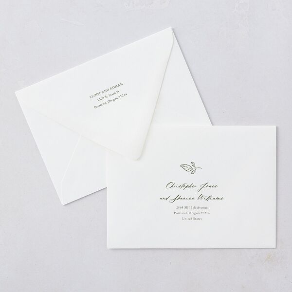 Vintage Botanical Sketch Wedding Invitation Euro Envelopes White Dark Camo Both Recipient and Return Addresses Luxe Signature