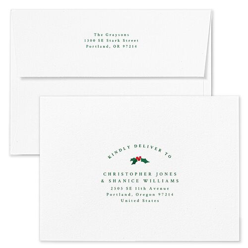 Classic Holiday Stripes Holiday Card Envelopes White Jewel Green Both Recipient and Return Addresses Standard Signature