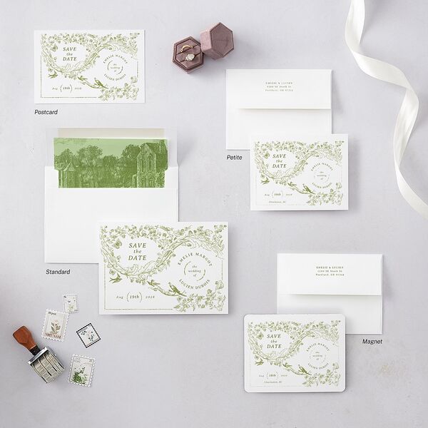 Vintage Toile Save the Date Postcards Dark Camo