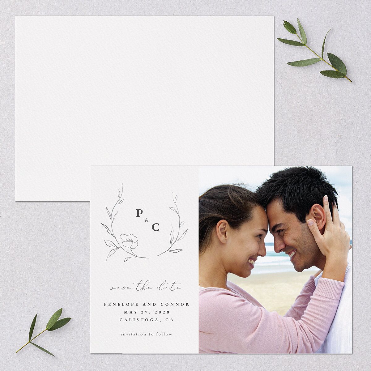 Graceful Botanical Save The Date Cards Shadow Gray Signature smooth Blank No Standard