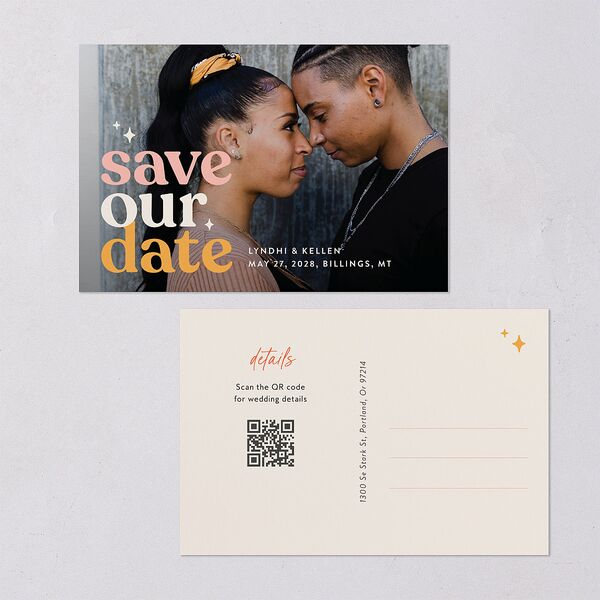 Groovy Lines Save the Date Postcards Coral Pink Postcard