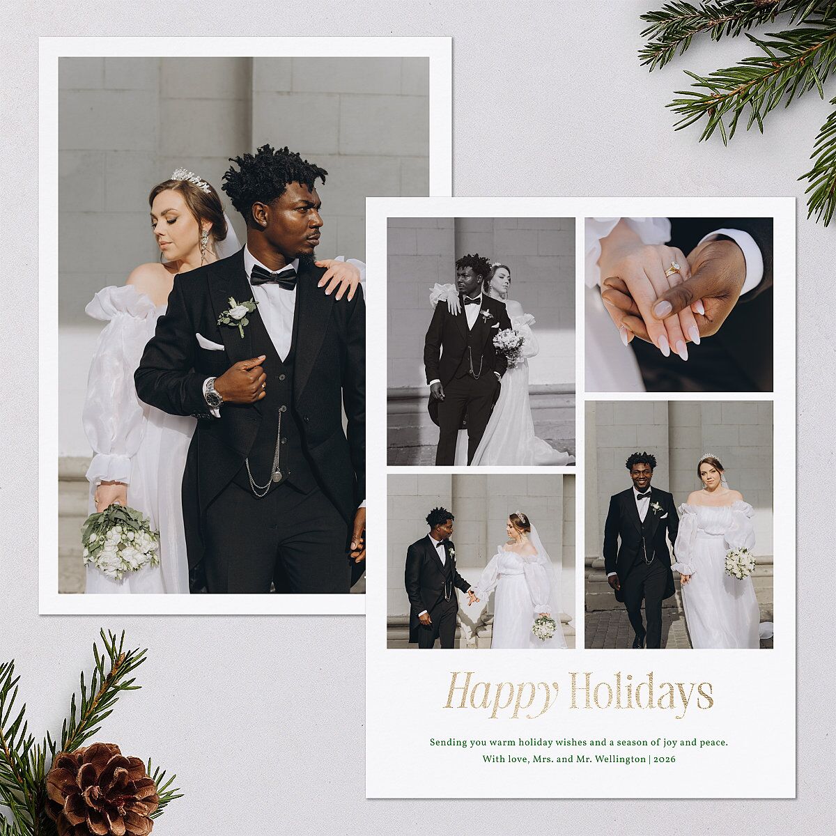 Simply Happy Foil Holiday Cards Gold Jewel Green Signature Blank Portrait Standard