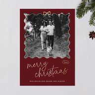 Wavy Bow Frame Foil Holiday Cards Gold Jewel Red Signature Blank Standard Portrait