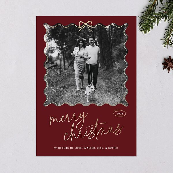 Wavy Bow Frame Foil Holiday Cards Gold Jewel Red Signature Blank Standard Portrait
