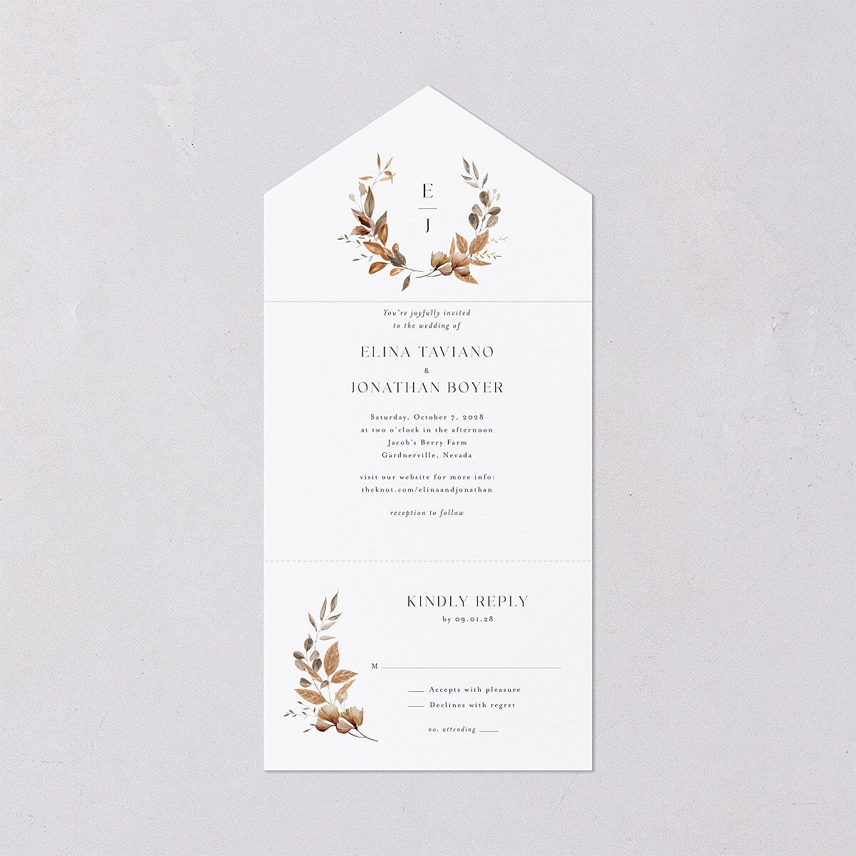Leafy Rustic Monogram All-in-One Wedding Invitations — view 1