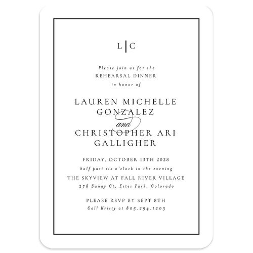 Timeless Frame Rehearsal Dinner Invitations Licorice Signature Blank Rounded