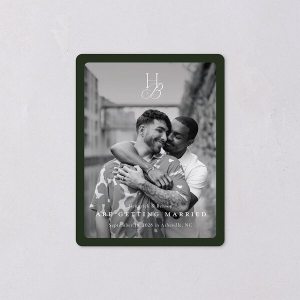Refined Monogram Save The Date Magnets Dark Green Magnet Paper