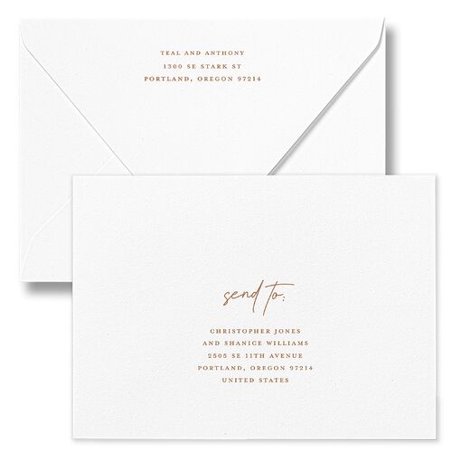 Our Date Photo Save The Date Card Euro Envelopes White Copper Both Recipient and Return Addresses Luxe Signature