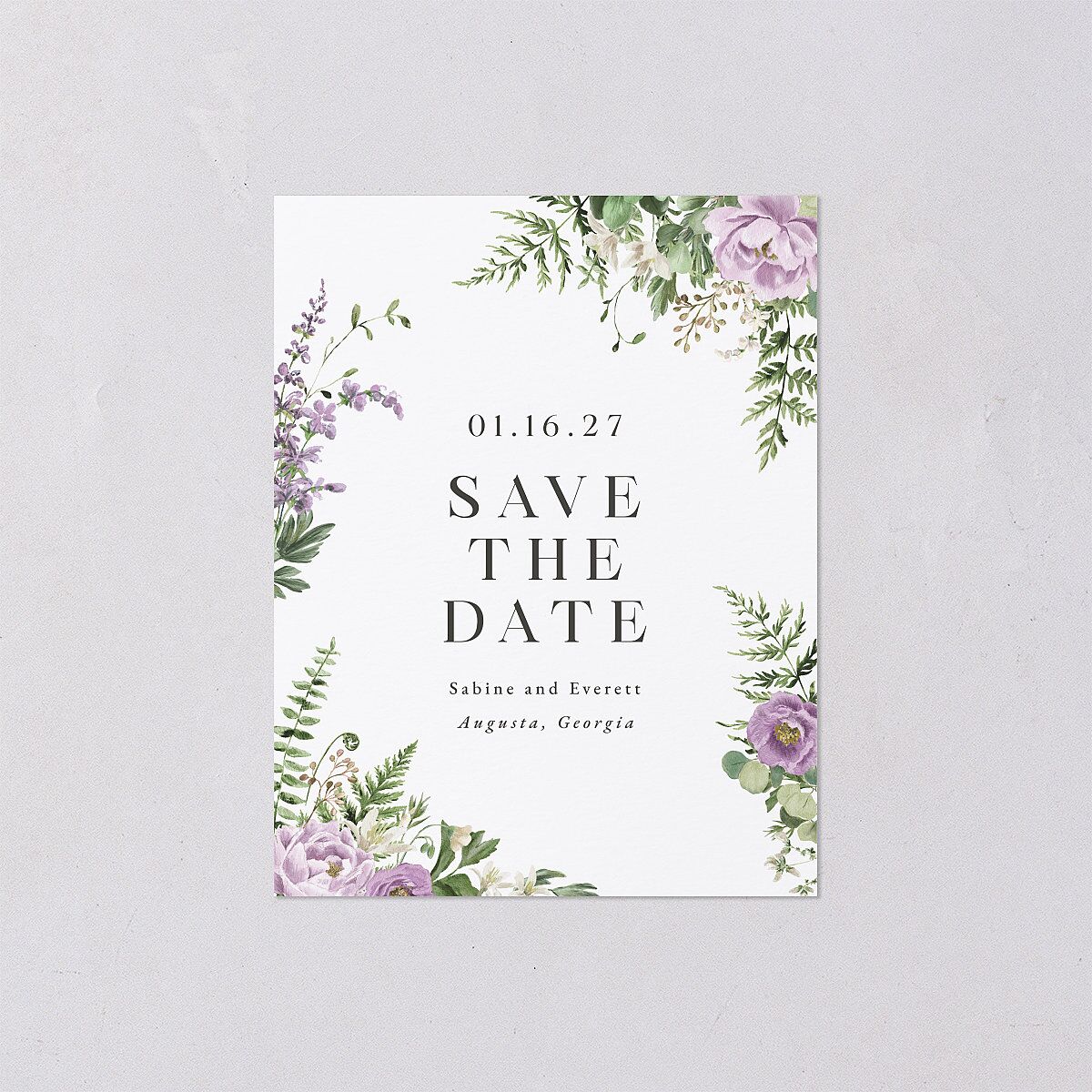 Floral Fern Frame Save the Date Petite Cards Purple Petal Signature smooth Blank No Standard