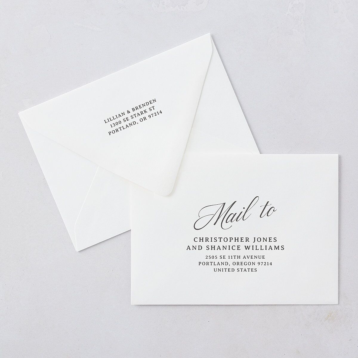 Technicolor Calligraphy Photo Wedding Invitation Euro Envelopes White Pure White Both Recipient and Return Addresses Luxe Signature