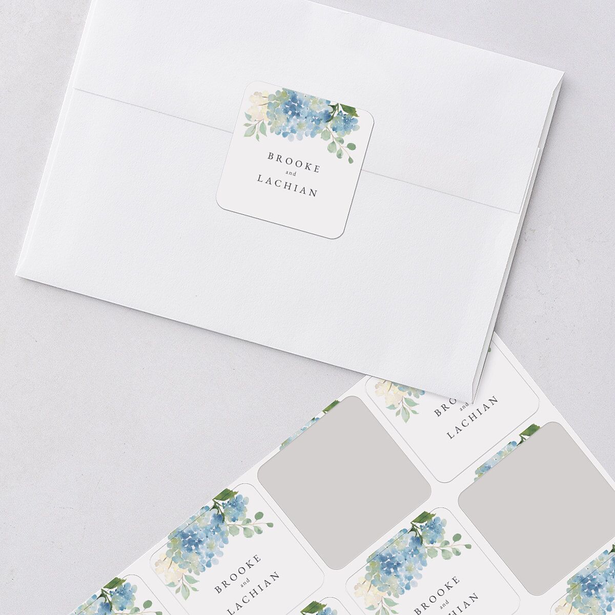 Elegant Hydrangea Wedding Stickers Dusty Blue Soft Square
