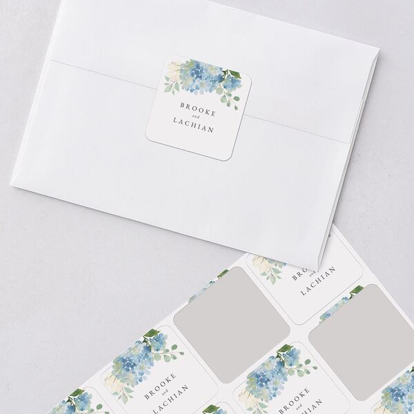 Elegant Hydrangea Wedding Stickers Dusty Blue Soft Square