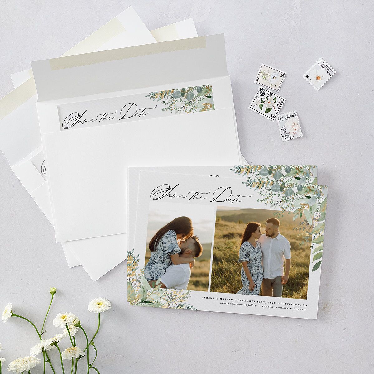 Shining Greenery Save the Date Cards — view 5