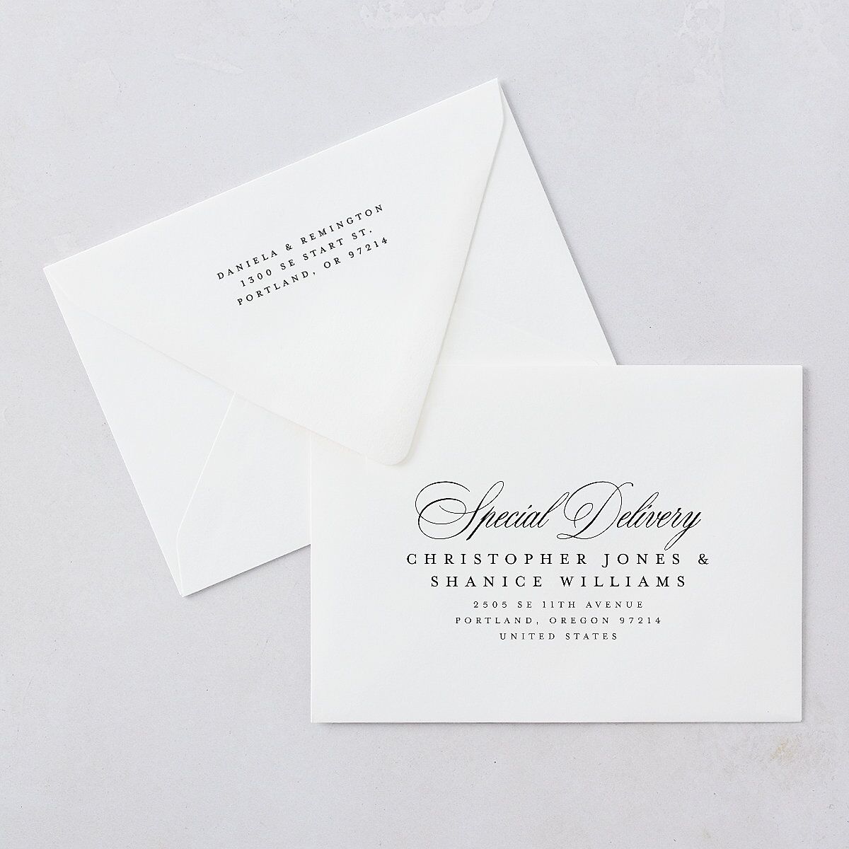 Modern Classic Picture Portrait Save The Date Card Euro Envelopes White Pure White Both Recipient and Return Addresses Luxe Signature