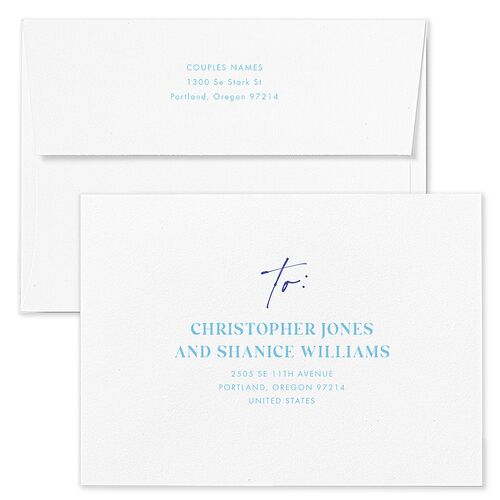 Happily Ever After Party Wedding Invitation Envelopes White Standard Dusty Blue Both Recipient and Return Addresses Signature