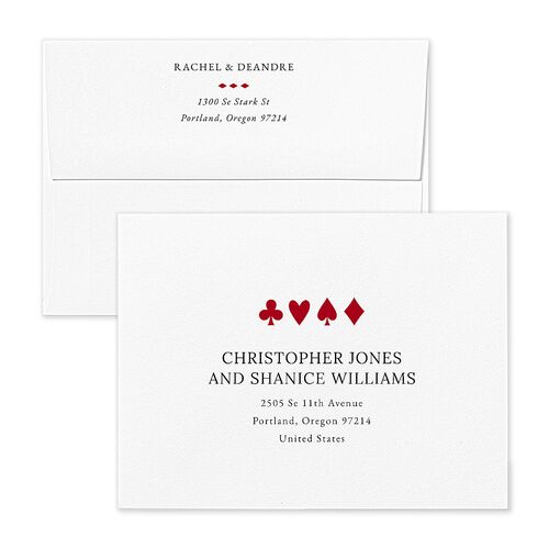 Las Vegas Playing Card Thank You Card Envelopes White Jewel Red Both Recipient and Return Addresses Signature Standard