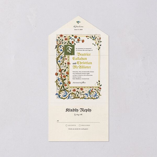 Medieval Renaissance All-in-One Wedding Invitations Moss Signature Light Both Recipient and Return Addresses No