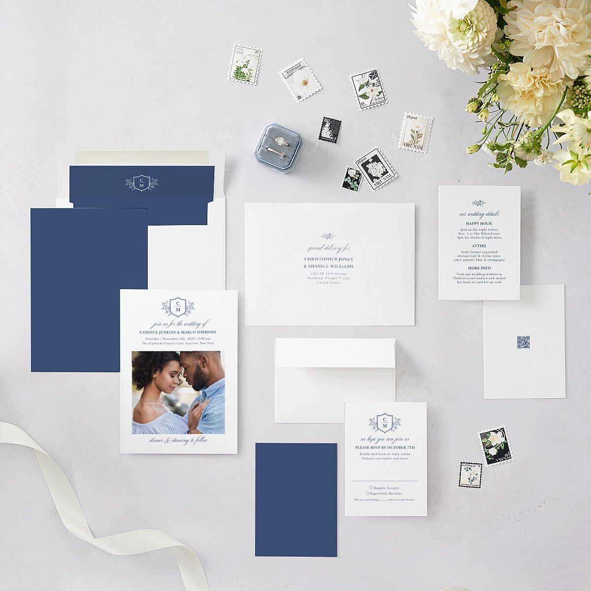 Elegant Photo Crest Wedding Invitations Sapphire Signature Blank No Standard