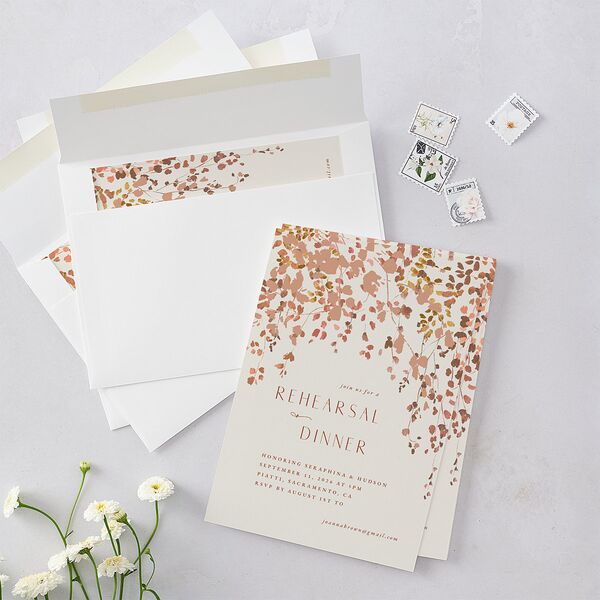 Cascading Florals Rehearsal Dinner Invitations Copper Signature Blank