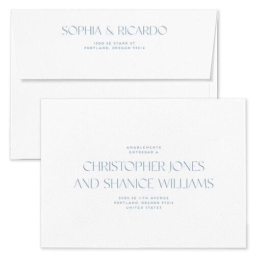 Color del Amor Bilingual Foreign Language Save The Date Card Envelopes Terracotta Sea Blue Both Recipient and Return Addresses Signature Standard