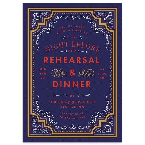 Cinematic Rehearsal Dinner Invitations Royal Blue Signature Blank