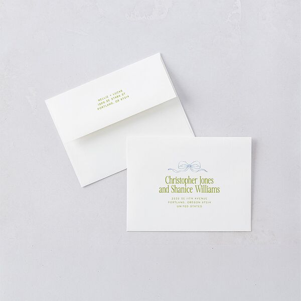 Modern Delicate Bows Save the Date Petite Card Envelopes Peridot White Both Recipient and Return Addresses Signature Standard