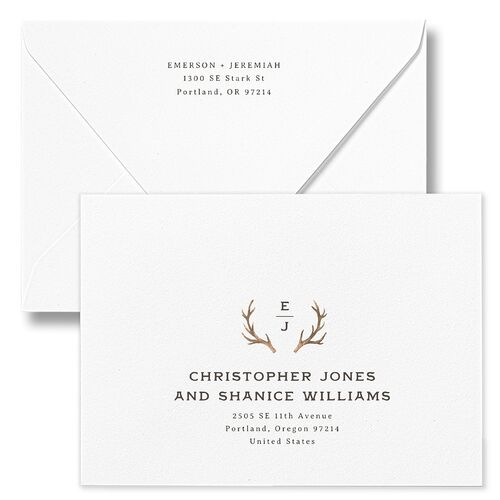 Antler Monogram Mountain Wedding Invitation Euro Envelopes Forest White Both Recipient and Return Addresses Luxe Signature