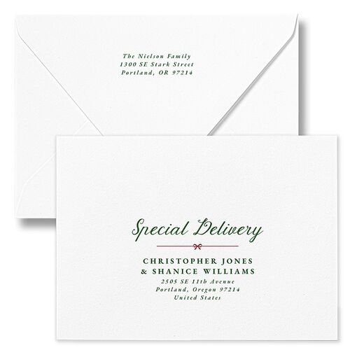 Vintage Bow Pattern Photo Holiday Card Euro Envelopes White Jewel Green Both Recipient and Return Addresses Luxe Signature