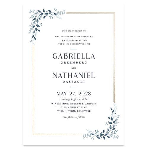 Greenery Frame Foil Wedding Invitations Gold Dusty Blue Signature Blank No Standard