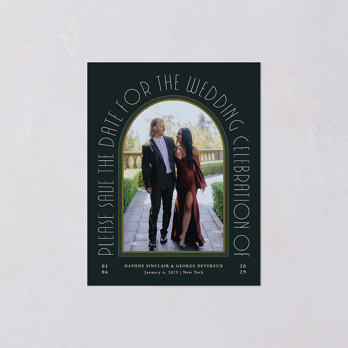 Gatsby Deco Arch Save the Date Petite Cards Dark Emerald Signature smooth Blank No Standard