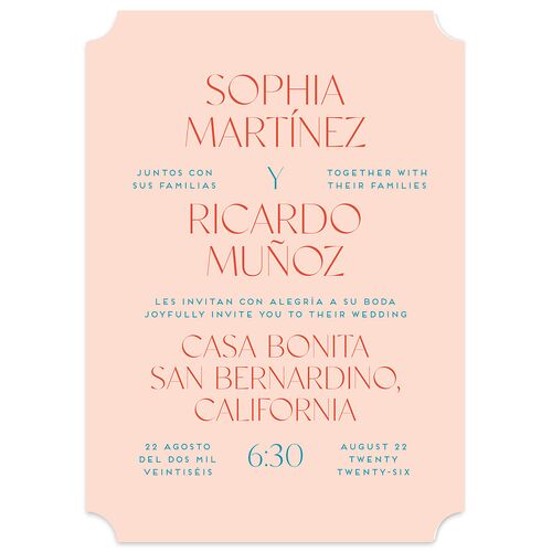 Color del Amor Bilingual Foreign Language Wedding Invitations Salmon Signature Blank No Ticket