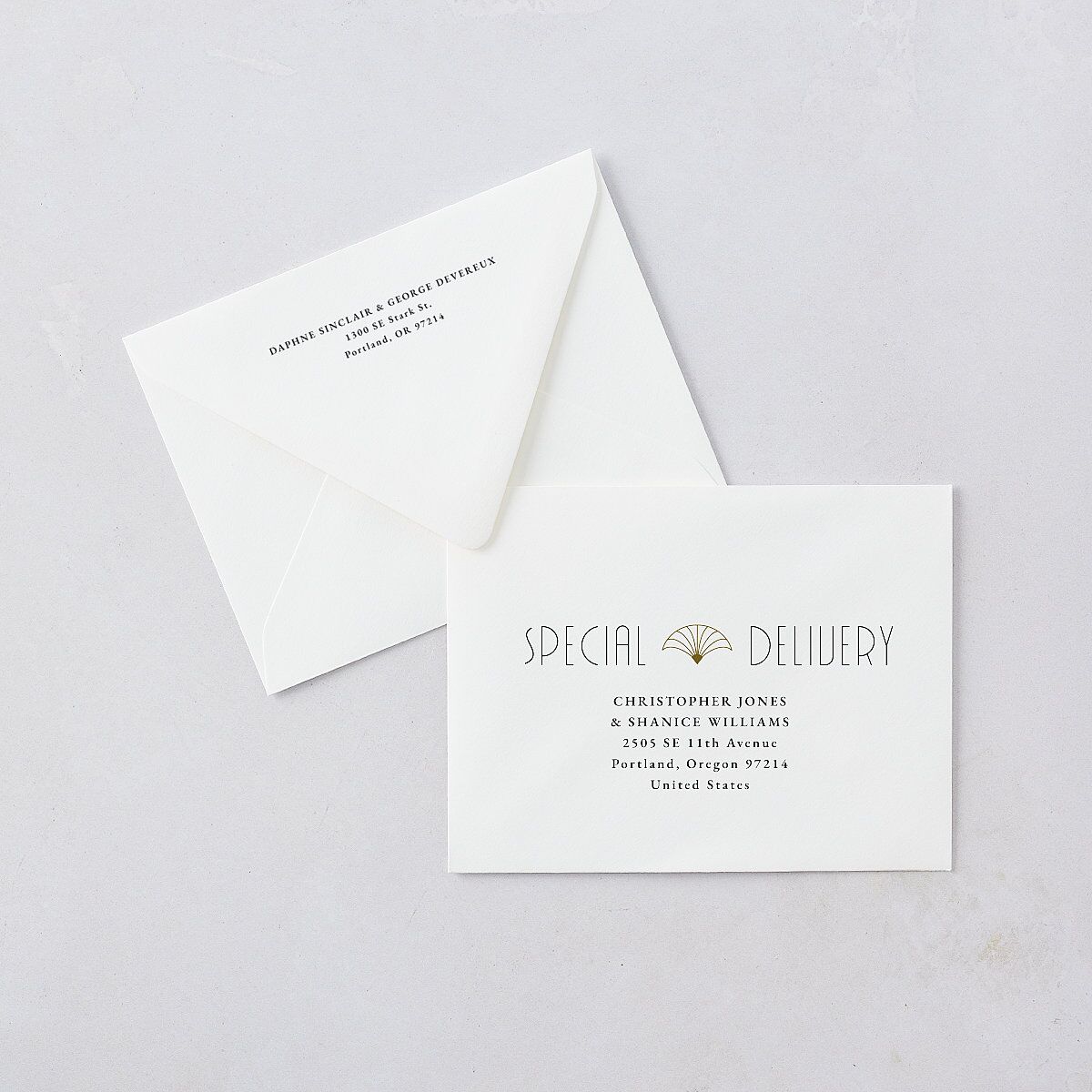 Gatsby Deco Arch Thank You Card Euro Envelopes White Dark Emerald Both Recipient and Return Addresses Luxe Signature
