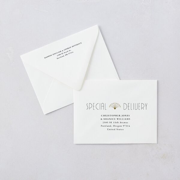 Gatsby Deco Arch Thank You Card Euro Envelopes White Dark Emerald Both Recipient and Return Addresses Luxe Signature