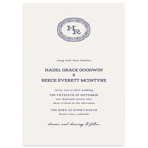 Elegant Western Monogram Wedding Invitations Navy Signature Blank No Standard