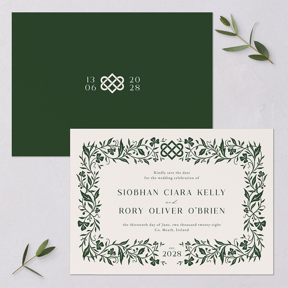 Celtic Knot Save the Date Cards Hunter Green Signature smooth Blank No Standard
