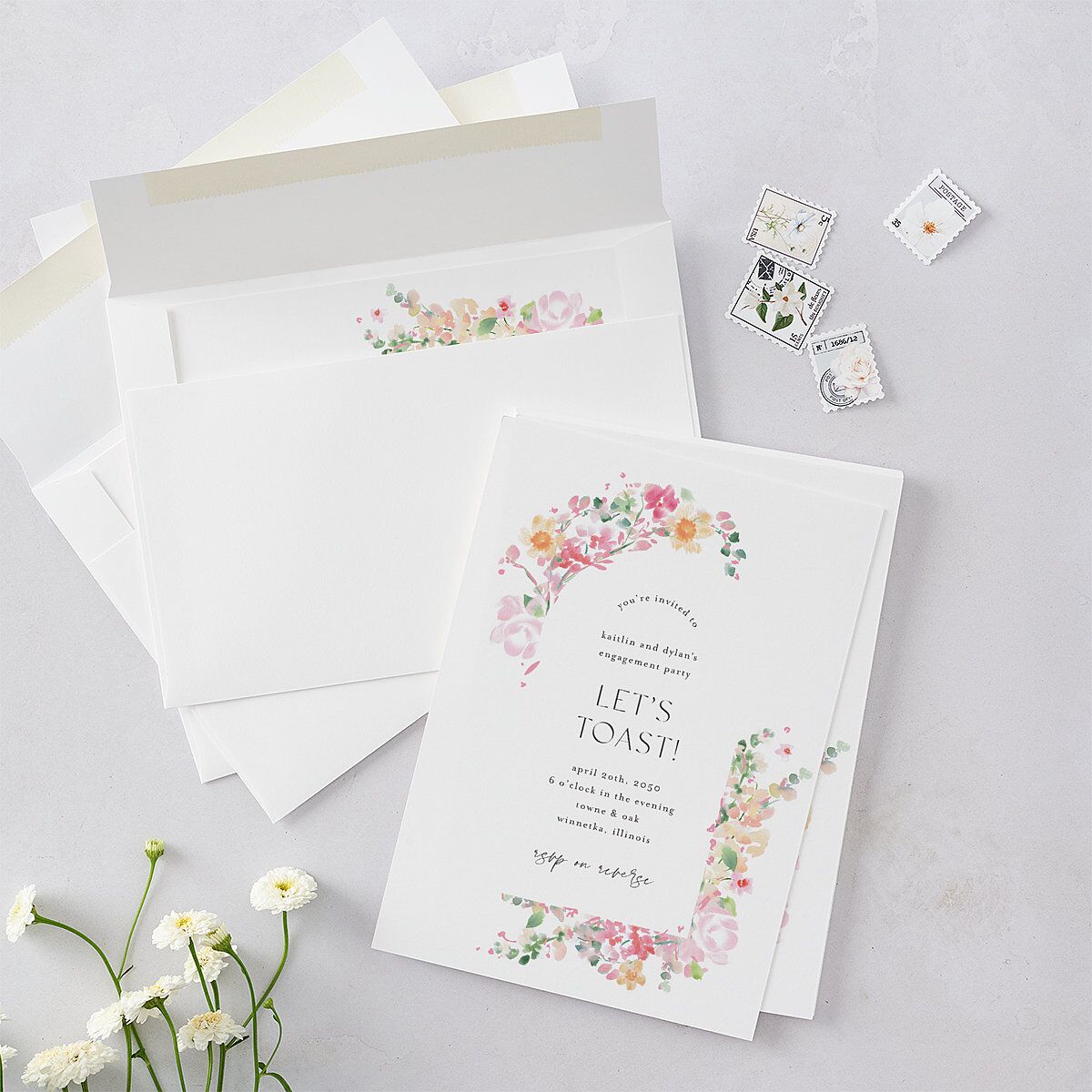 Pastel Flower Arch Engagement Party Invitations Pink Cotton Signature Blank Standard