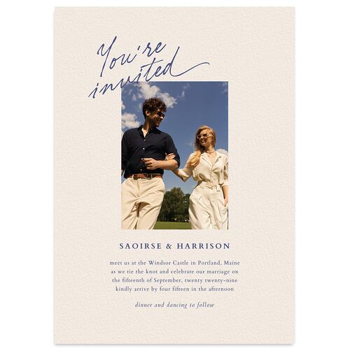 Elegant Editorial Page Wedding Invitations Navy Signature Blank No Standard
