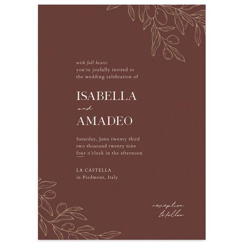 Elegant Italian Olive Branches Wedding Invitations Rust Signature Blank No Standard