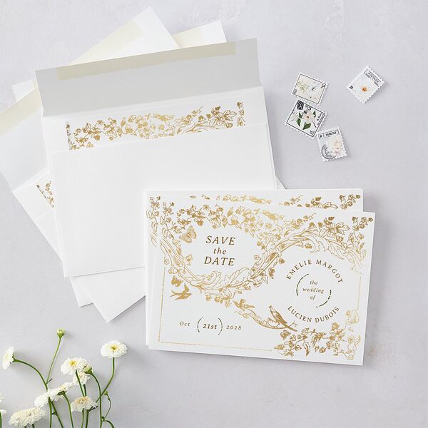 Vintage Toile Foil Save the Date Cards Gold Marigold Signature smooth Blank No