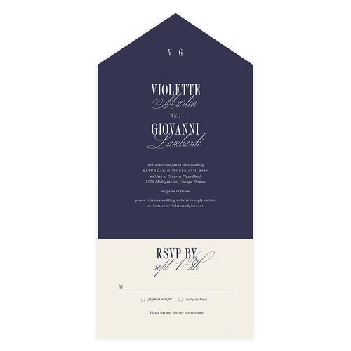 Elegant Classic All-in-One Wedding Invitations Navy Signature Light Both Recipient and Return Addresses No