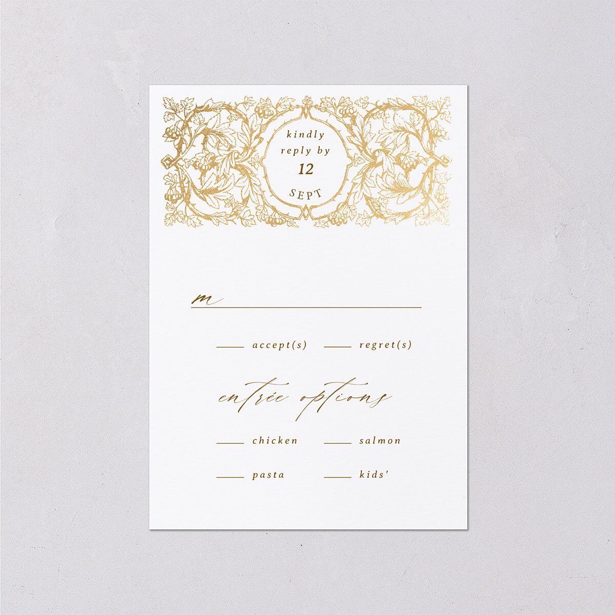 Vintage Toile Foil Wedding Response Cards Gold Marigold Signature