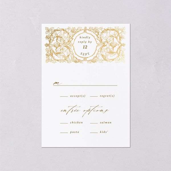 Vintage Toile Foil Wedding Response Cards Gold Marigold Signature