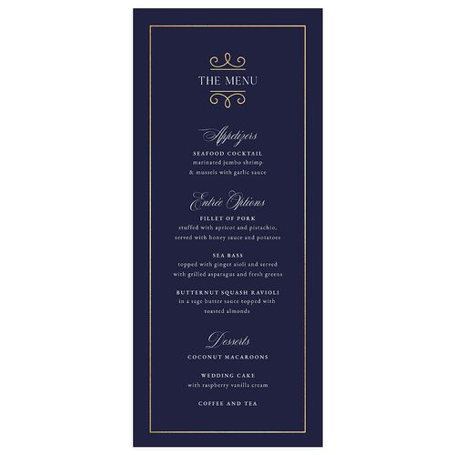 Monogram Flourish Foil Menus Navy Gold Signature