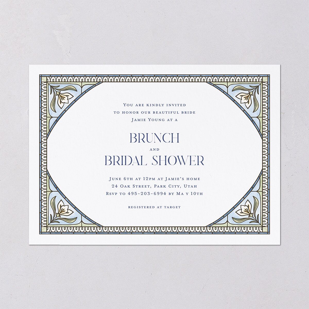 Church Stained Glass Bridal Shower Invitations Moody Blue Signature Blank