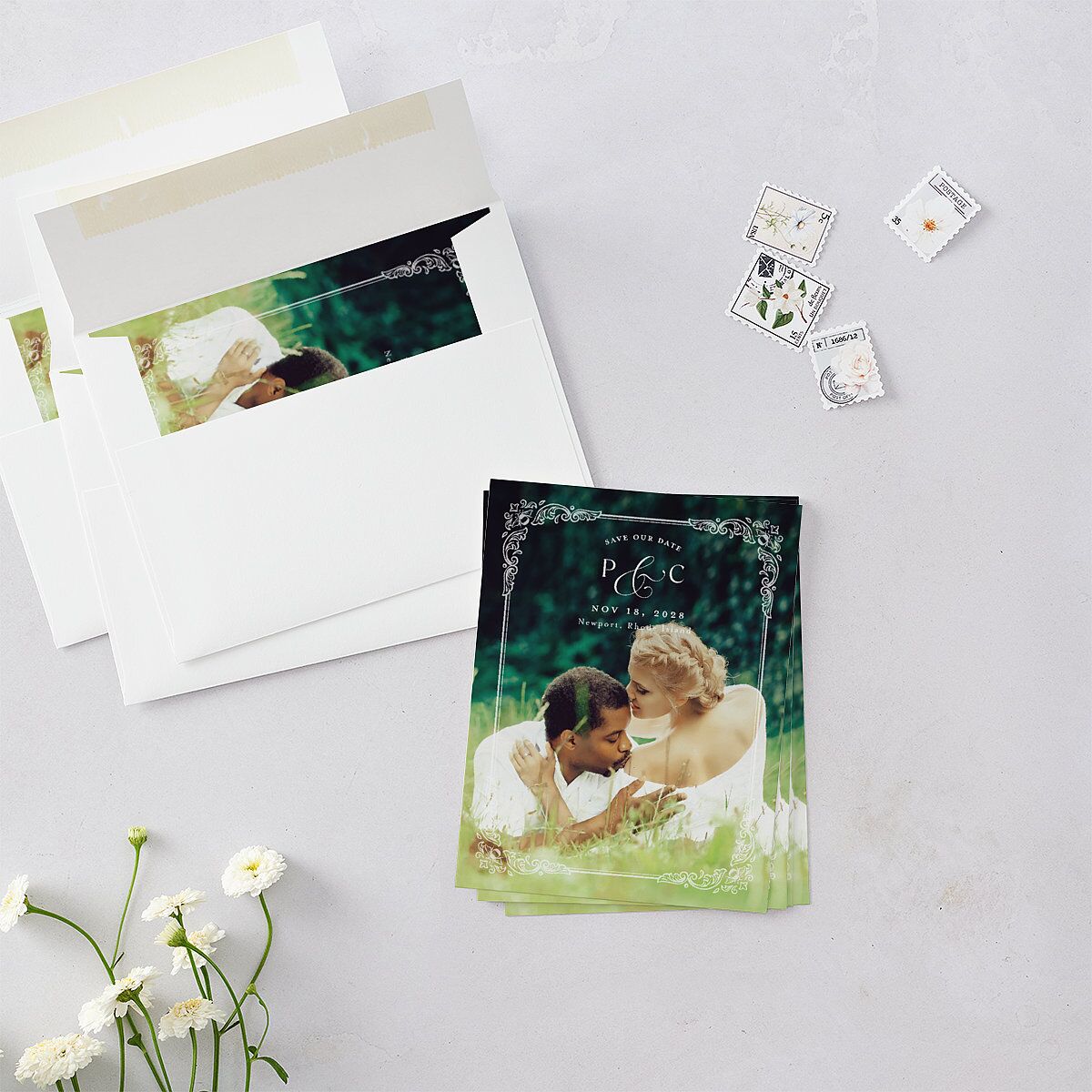 Glamorous Crown Monogram Crest Save the Date Petite Cards by Bridgerton Deep Lake Signature smooth Blank No Standard
