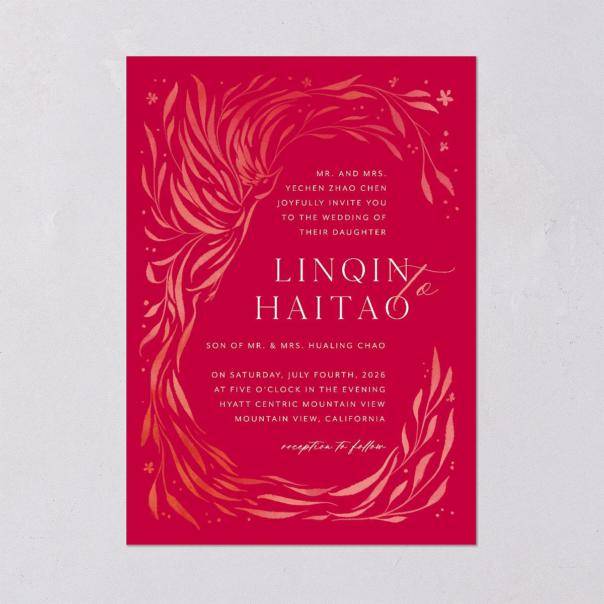 Chinese Phoenix Fenghuang Wedding Invitations Crimson Signature Blank No Standard